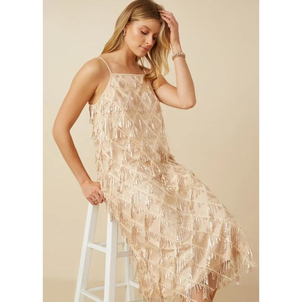 Hayden Vintage Look Los Angeles Long Sequined Beaded Spaghetti Strap Dress M NWT